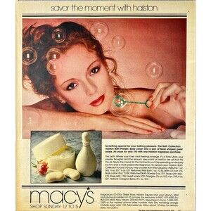 Macy's "Savor the moment with Halston Bath Collection" Vintage Print Ad 1978